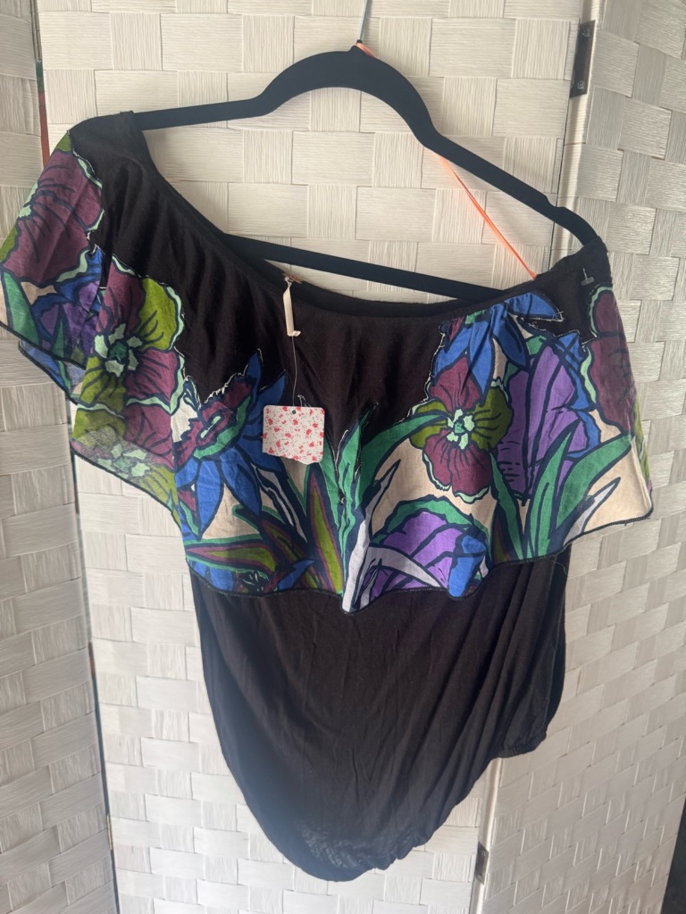Free People Black Floral Off-Shoulder Top with Purple & Green Accents